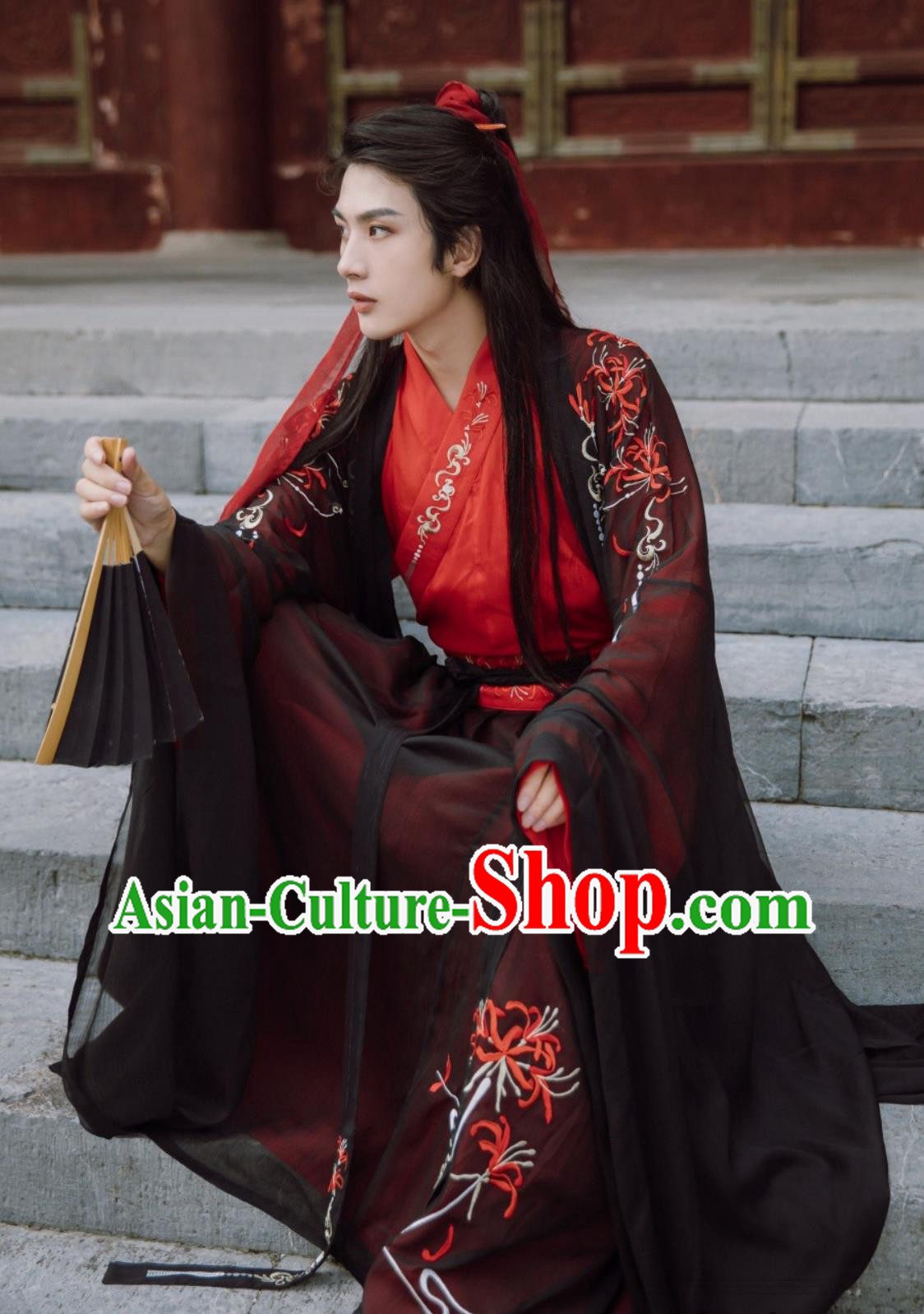 Red Spider Lily Hanfu Chinese Ancient Men Cross Collar Top and Bottom Set