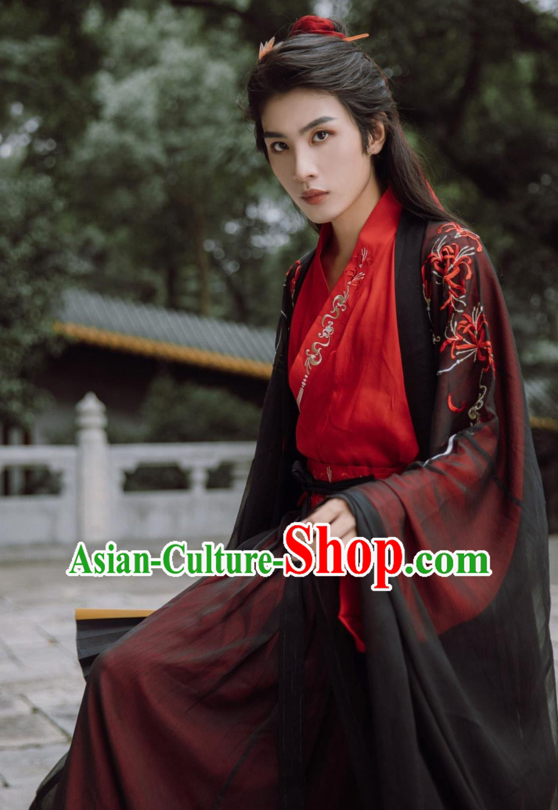 Red Spider Lily Hanfu Chinese Ancient Men Cross Collar Top and Bottom Set