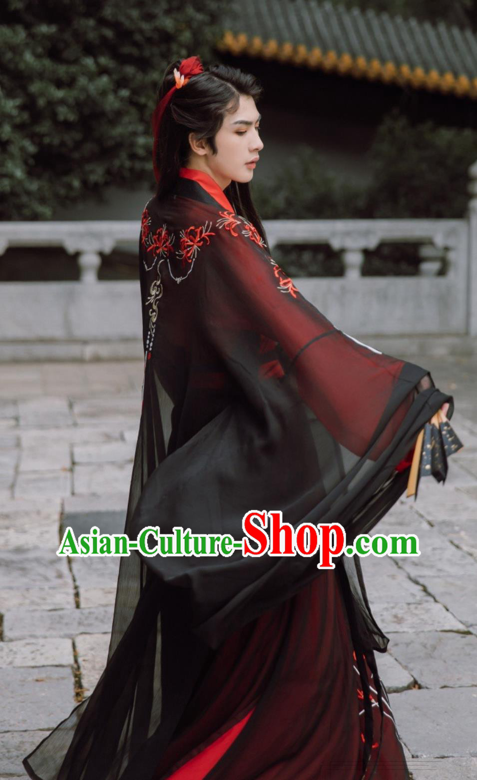 Red Spider Lily Hanfu Chinese Ancient Men Cross Collar Top and Bottom Set