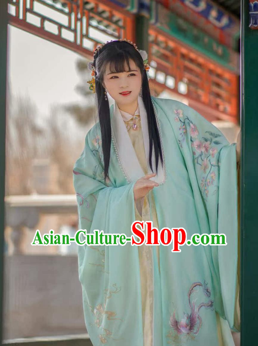 Ming Dynasty Phoenix Wisteria Hanfu Cape Ancient Chinese Embroidered Green Cloak Ming Dynasty Phoenix Wisteria Hanfu Cape Ancient Chinese Embroidered Green Cloak