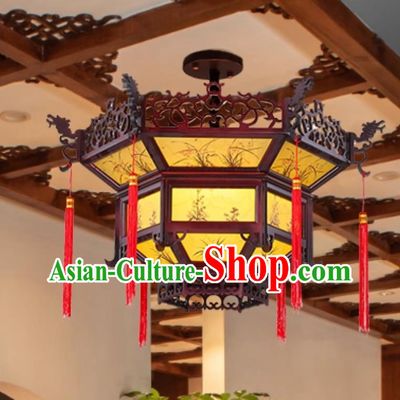 Chinese Wood Vintage Lamp Ancient Hall Restaurant Teahouse Temple Lantern Large Yellow LED Palace Lantern