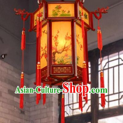 Chinese Antique Palace Lantern Wood Hexagonal Courtyard Lamp Handmade Hanging Light