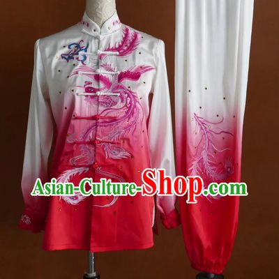 Gradient White to Rosy Tai Chi Suit Kung Fu Training Clothing Phoenix Embroidery Taiji Uniform Competition Performance Costume