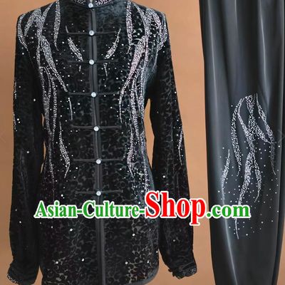 Rhinestone Velvet Kung Fu Suit Wushu Competition Uniform Tai Chi Performance Costume Black Taiji Outfit