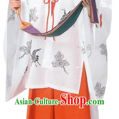 Japanese Authentic Miko Kimono Pine Crane Pattern Chihaya White Robe Handmade Coat