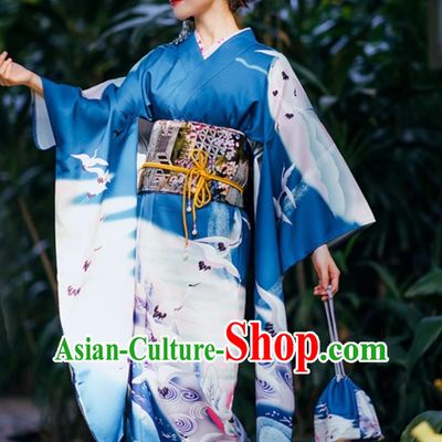 Japanese Traditional Women Modified Blue Crane Furisode Kimono