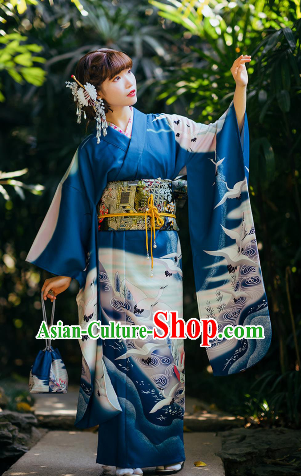 Japanese Traditional Women Modified Blue Crane Furisode Kimono Japanese Traditional Women Modified Blue Crane Furisode Kimono
