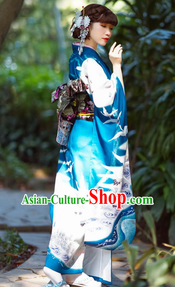 Japanese Traditional Women Modified Blue Crane Furisode Kimono Japanese Traditional Women Modified Blue Crane Furisode Kimono