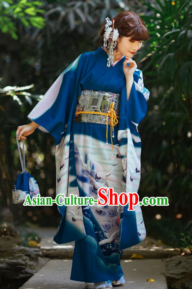 Japanese Traditional Women Modified Blue Crane Furisode Kimono Japanese Traditional Women Modified Blue Crane Furisode Kimono