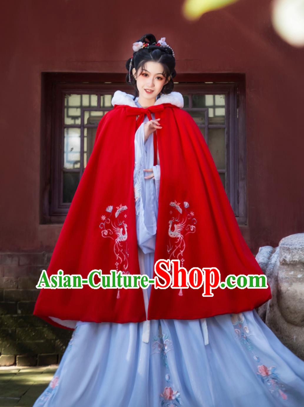 Chinese Hanfu Cape Women Winter Woolen Coat Red Heavy Embroidery Cloak