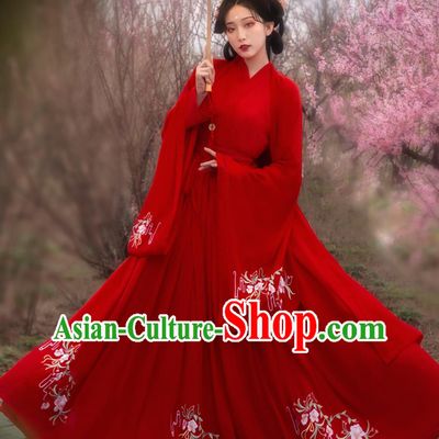 Chinese Traditional Women Red Hanfu Ancient Princess Wedding Dress Wide Sleeves Cape Blouse and Skirt Complete Set