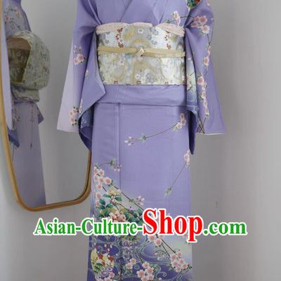 Purple Japanese Traditional Authentic Women Houmongi Kimono Formal Dress