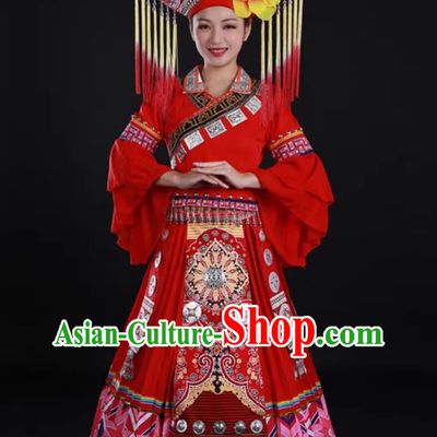 Zhuang Ethnic Red Floral Long Dress Chinese Minority Singer Stage Performance Costume for Women