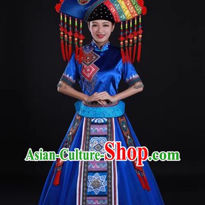 Chinese Minority Singer Stage Performance Costume Zhuang Ethnic Royal Blue Floral Long Dress for Women