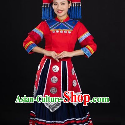 Chinese Zhuang Ethnic Red Printed Long Dress Women Formal Catwalk Performance Costume