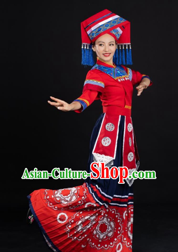 Chinese Zhuang Ethnic Red Printed Long Dress Women Formal Catwalk Performance Costume