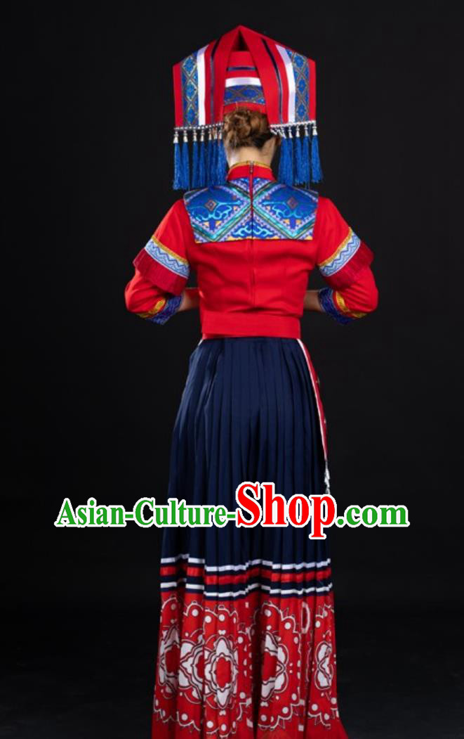Chinese Zhuang Ethnic Red Printed Long Dress Women Formal Catwalk Performance Costume