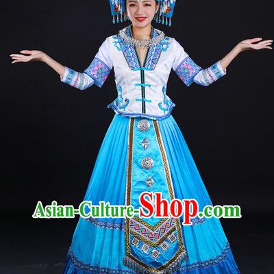 Stage Performance Blue Long Dress Traditional Chinese Ethnic Festival Attire Zhuang Third Sister Liu Folk Dance Costume