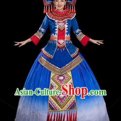 Chinese Ethnic Style Zhuang Costume Third Sister Liu Stage Blue Dress
