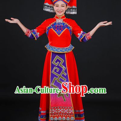 Zhuang March Third Festival Costume Ethnic Minority Host Ceremonial Red Dress Stage Catwalk Outfit