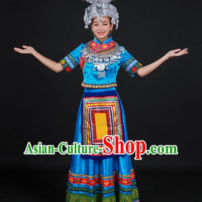 Wenshan Shui Ethnic Women Dance Costume Chinese Yunnan Minority Traditional Clothing Blue Dress