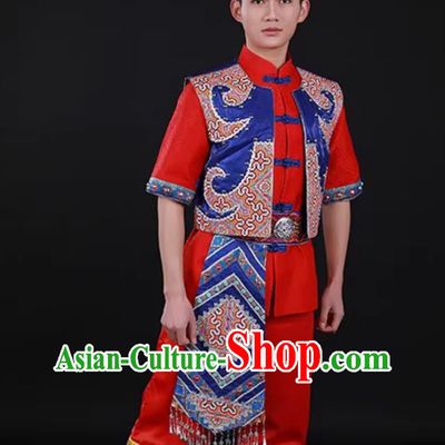 Guangxi Zhuang Ethnic Men Dance Costume Traditional Chinese March Third Festival Performance Attire