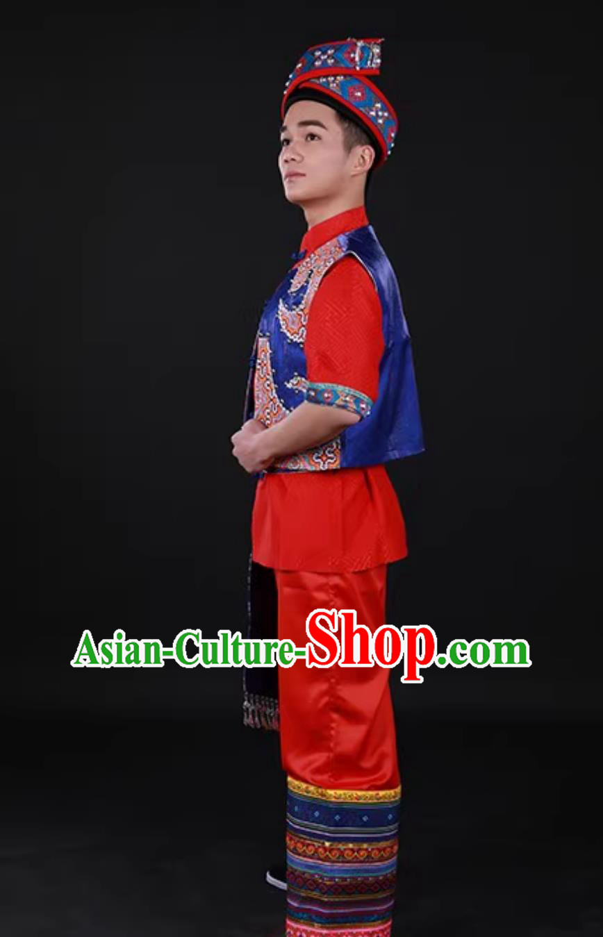 Guangxi Zhuang Ethnic Men Dance Costume Traditional Chinese March Third Festival Performance Attire