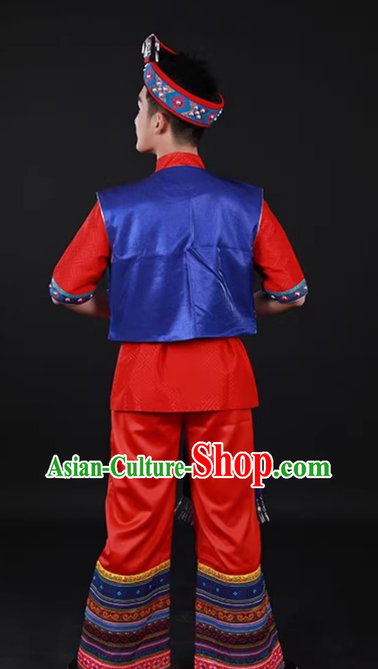 Guangxi Zhuang Ethnic Men Dance Costume Traditional Chinese March Third Festival Performance Attire