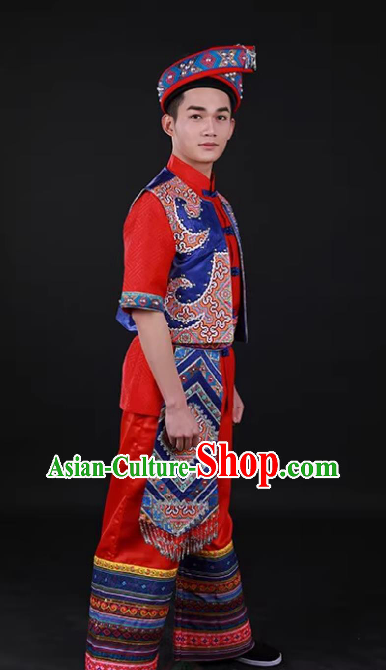 Guangxi Zhuang Ethnic Men Dance Costume Traditional Chinese March Third Festival Performance Attire