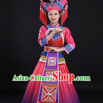 Chinese Zhuang Ethnic Pink Long Dress National Minority Women Stage Performance Costume