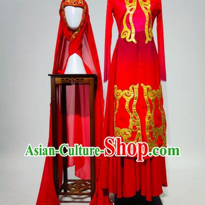 Hui Ethnic Dance Performance Costume Hua Shiba Women Group Stage Performance Attire Traditional Chinese National Red Dress