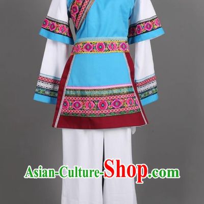 Chinese Stage Performance Blue Outfit Yunnan Women Dali Embroidered Costume Golden Flower Performance Hulusi Show Attire