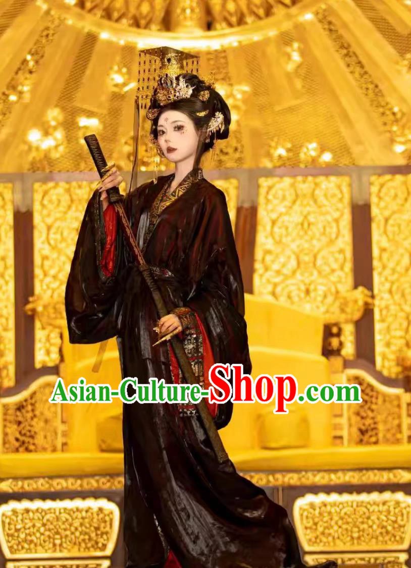 Black Warring States Robe Ancient Chinese Empress Hanfu Traditional Zhiju Trailing Dress Black Warring States Robe Ancient Chinese Empress Hanfu Traditional Zhiju Trailing Dress