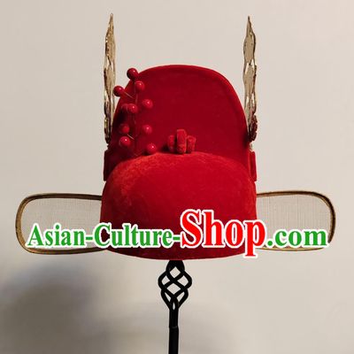 Red Number One Scholar Traditional Wusha Hat Ancient Chinese Official Headwear Wedding Headpiece