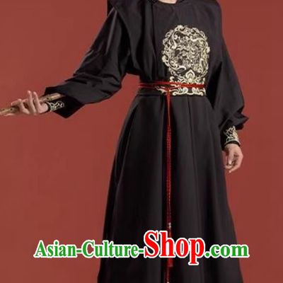 Chinese Tang Dynasty Round Collar Robe Black Men Embroidered Ancient Knight Outfit