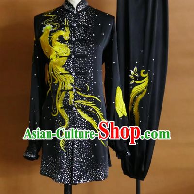 Embroidered Phoenix Crystal Tai Chi Suit Mid Length Qigong Uniform Competition Performance Baduanjin Costume