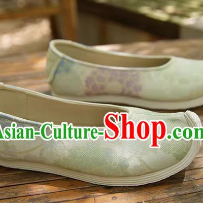 Chinese Light Green Shoes Ming Dynasty Hanfu Shoes Traditional Women Upward Curved Toe Bow Shoes
