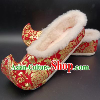 Handmade Heritage Thousand Layer Sole Upward Curved Women Shoes Red Tang Dynasty Astana Hanfu Shoes