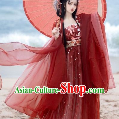 Tang Dynasty Embroidered Hanfu Women Wide Sleeve Blouse Hezi Dress Red Outfit Traditional Chinese Clothing