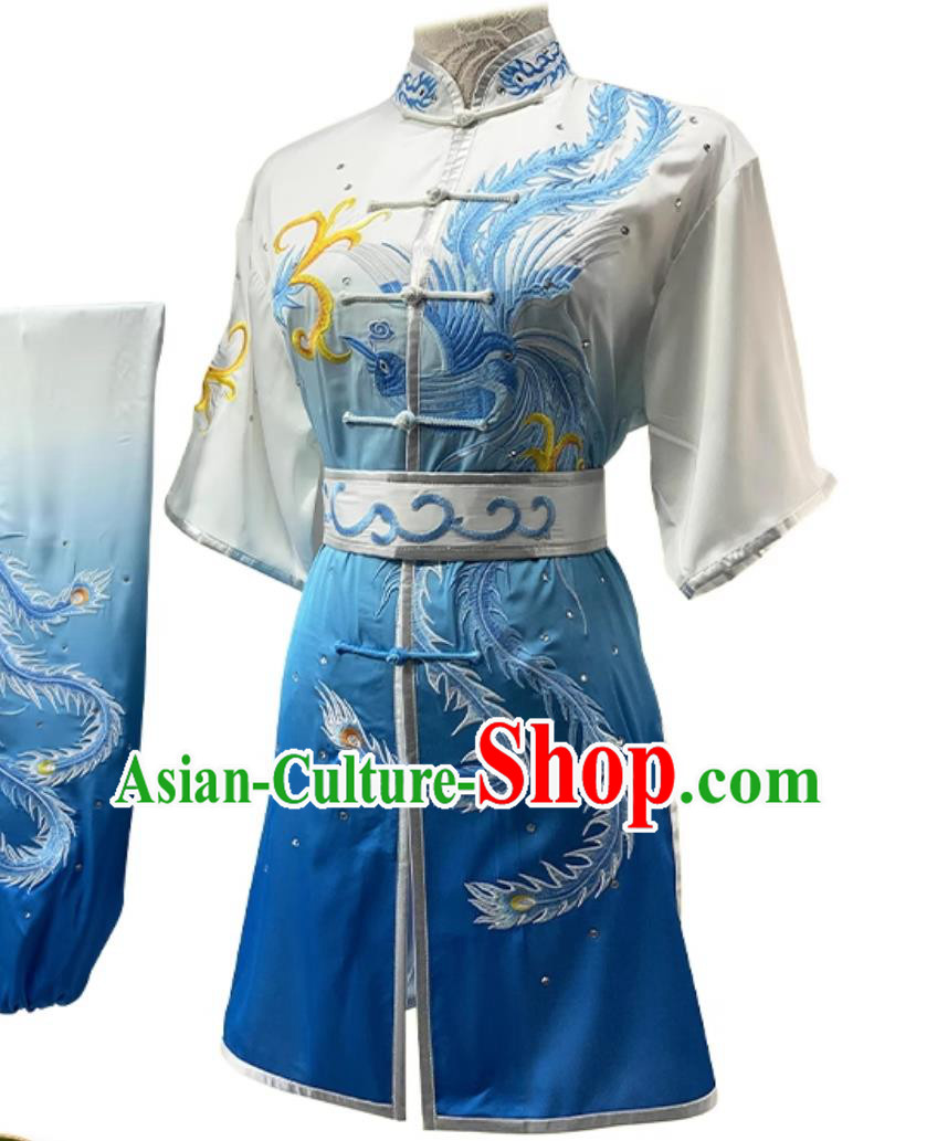 Professional Long Fist Wushu Competition Blue Outfit Embroidery Phoenix Martial Arts Changquan Costume Professional Long Fist Wushu Competition Blue Outfit Embroidery Phoenix Martial Arts Changquan Costume