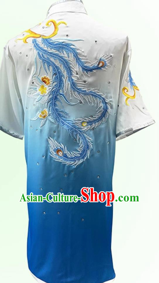 Professional Long Fist Wushu Competition Blue Outfit Embroidery Phoenix Martial Arts Changquan Costume Professional Long Fist Wushu Competition Blue Outfit Embroidery Phoenix Martial Arts Changquan Costume