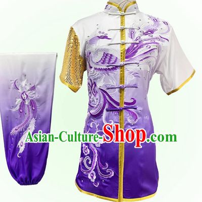 Wushu Competition Performance Purple Outfit Embroidery Phoenix Martial Arts Costume Professional Changquan Uniform