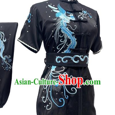 Wushu Competition Outfit Embroidery Phoenix Martial Arts Costume Professional Changquan Performance Black Uniform