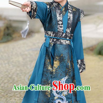 Chinese Kids Hanfu Ming Dynasty Wuxia Handsome Boy Clothing Ancient Elegant Blue Suit