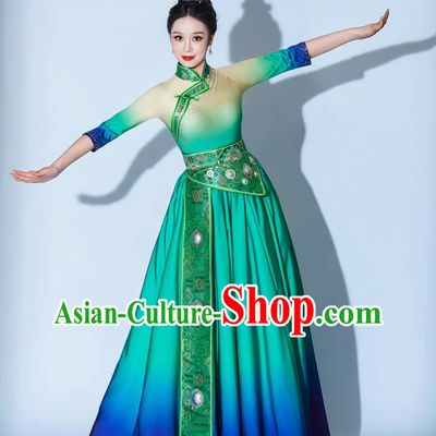 Galsang Flower Dance Performance Costume Chinese Ethnic Clothing Women Tibetan Dance Green Dress