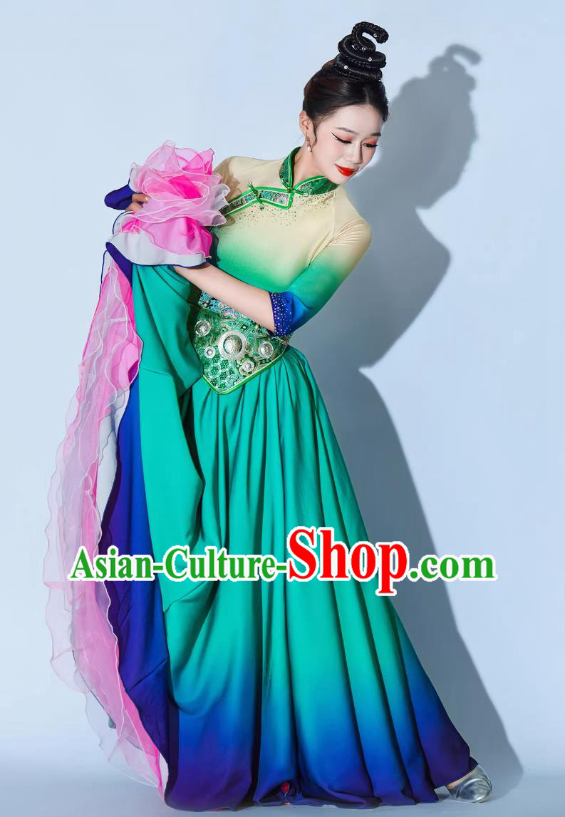 Galsang Flower Dance Performance Costume Chinese Ethnic Clothing Women Tibetan Dance Green Dress Galsang Flower Dance Performance Costume Chinese Ethnic Clothing Women Tibetan Dance Green Dress