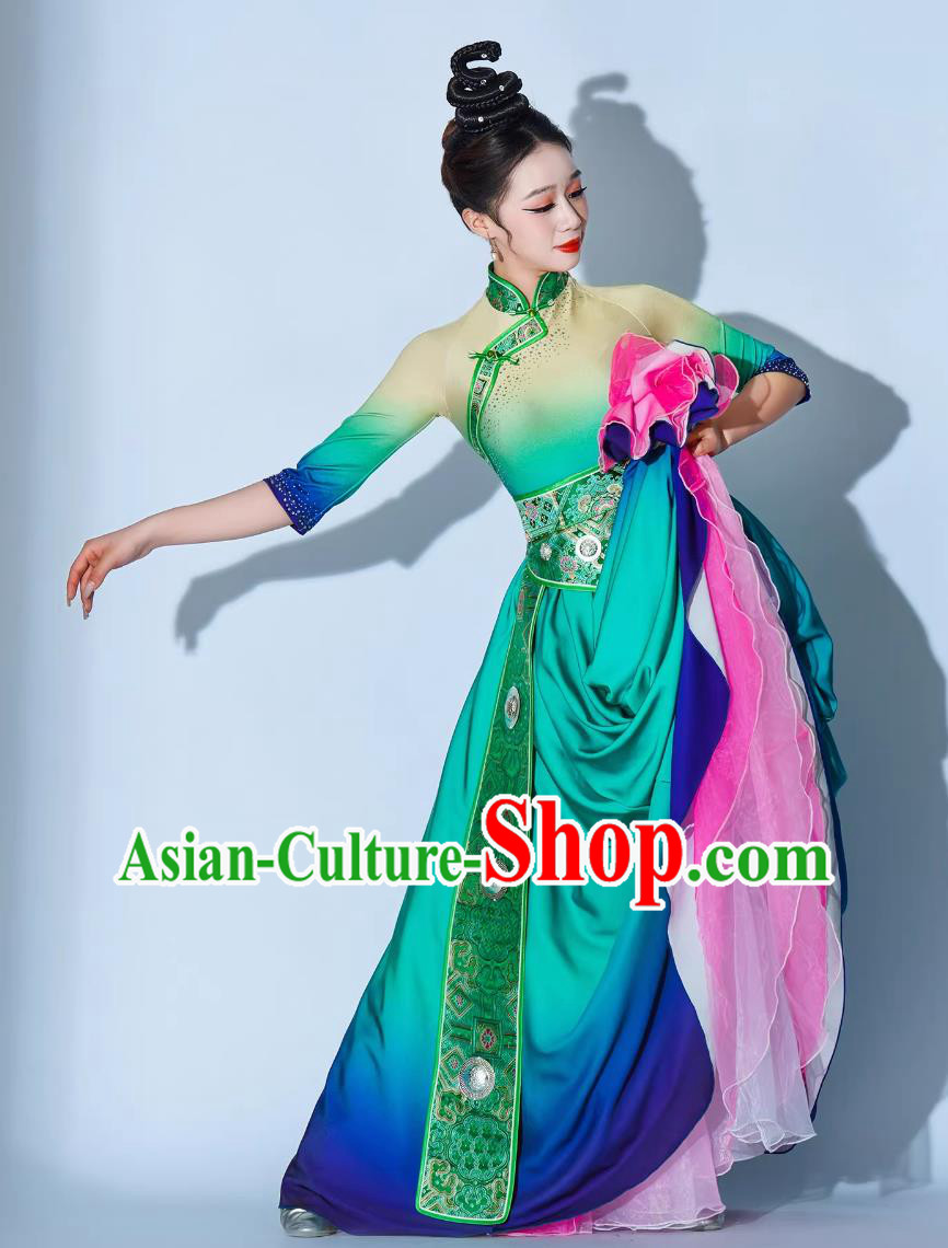 Galsang Flower Dance Performance Costume Chinese Ethnic Clothing Women Tibetan Dance Green Dress Galsang Flower Dance Performance Costume Chinese Ethnic Clothing Women Tibetan Dance Green Dress