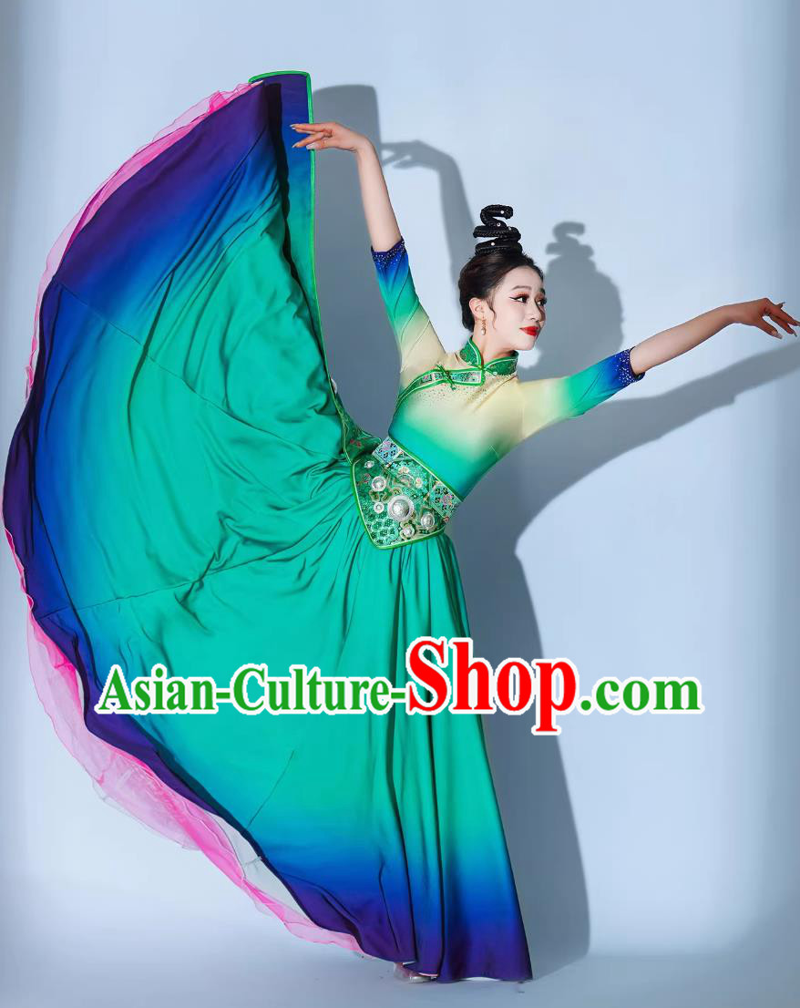 Galsang Flower Dance Performance Costume Chinese Ethnic Clothing Women Tibetan Dance Green Dress Galsang Flower Dance Performance Costume Chinese Ethnic Clothing Women Tibetan Dance Green Dress