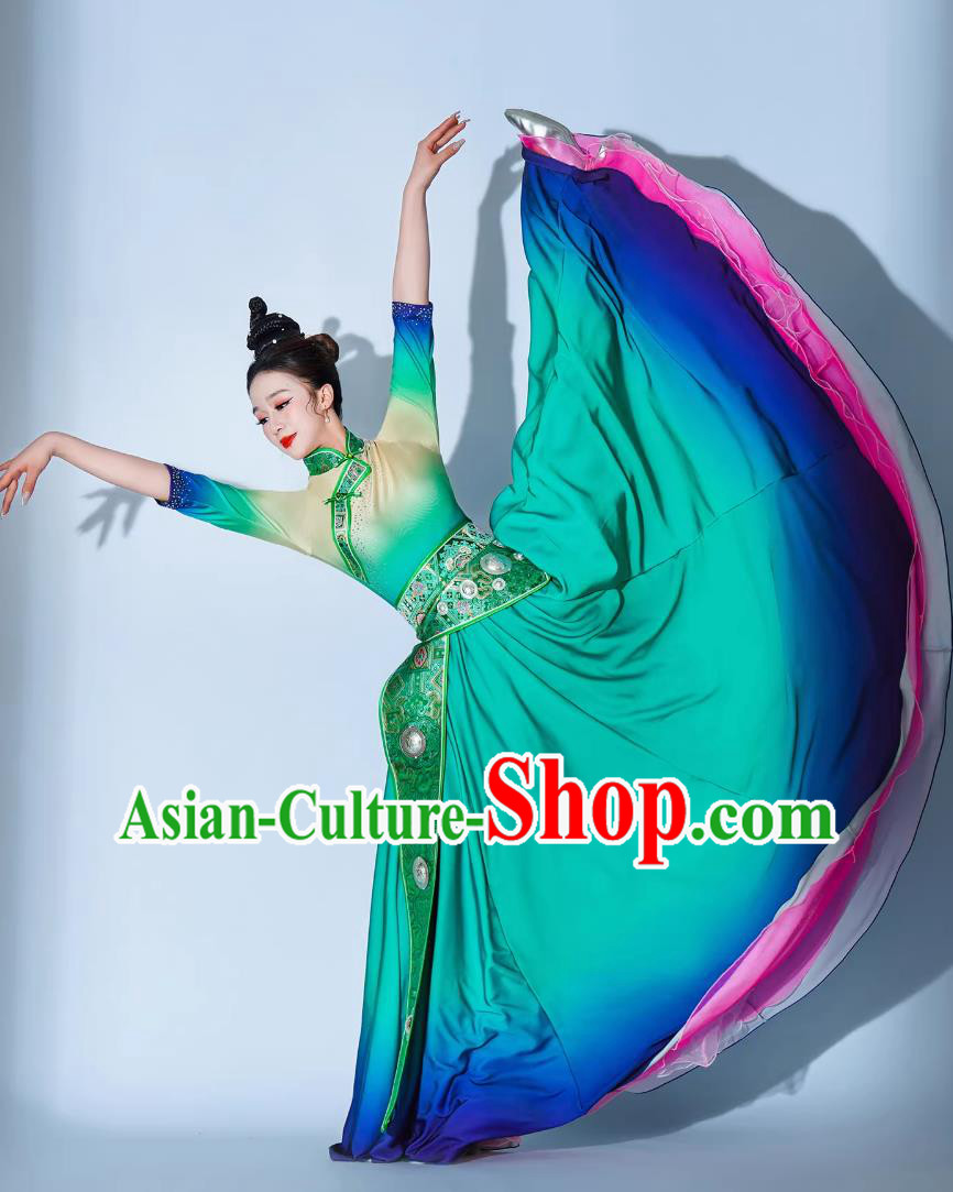 Galsang Flower Dance Performance Costume Chinese Ethnic Clothing Women Tibetan Dance Green Dress Galsang Flower Dance Performance Costume Chinese Ethnic Clothing Women Tibetan Dance Green Dress