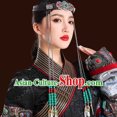 Mongolian Silver Headpiece Chinese Ethnic Hair Accessory Forehead Chain Tassel Dance Show Headwear